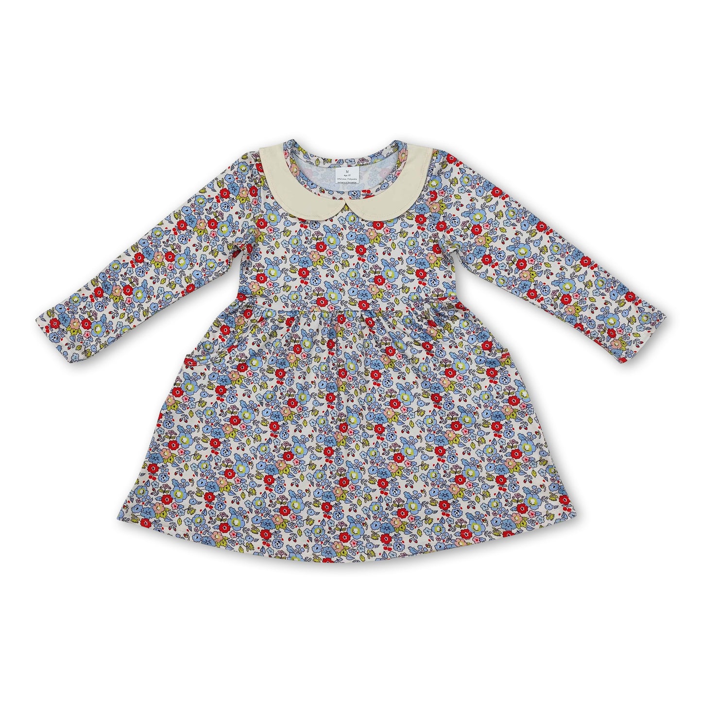 Long sleeves blue floral baby girls dresses