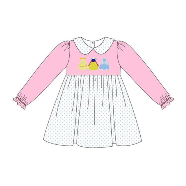 Long sleeves pink princess polka dots girls dresses