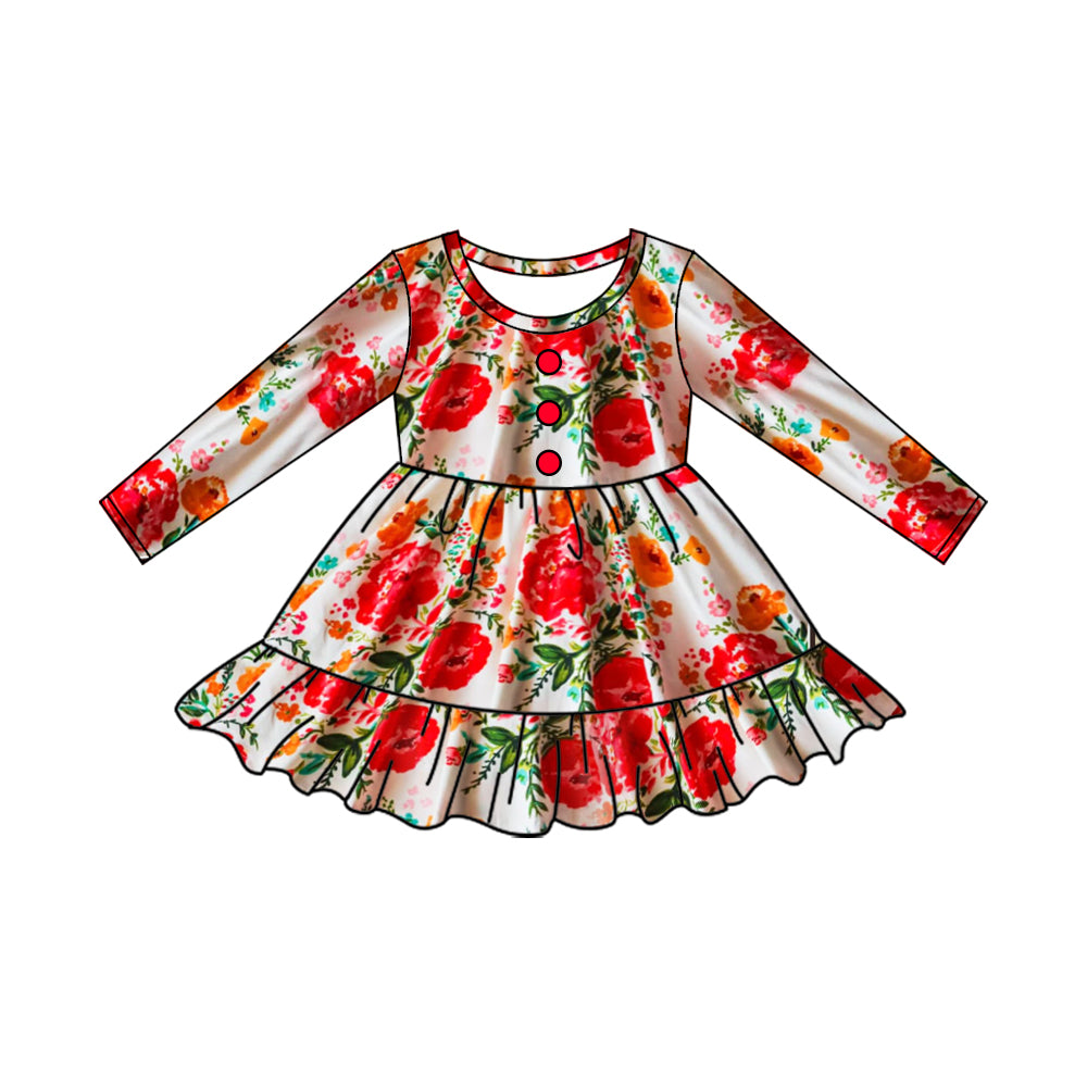 Long sleeves orange red flower baby girls dresses