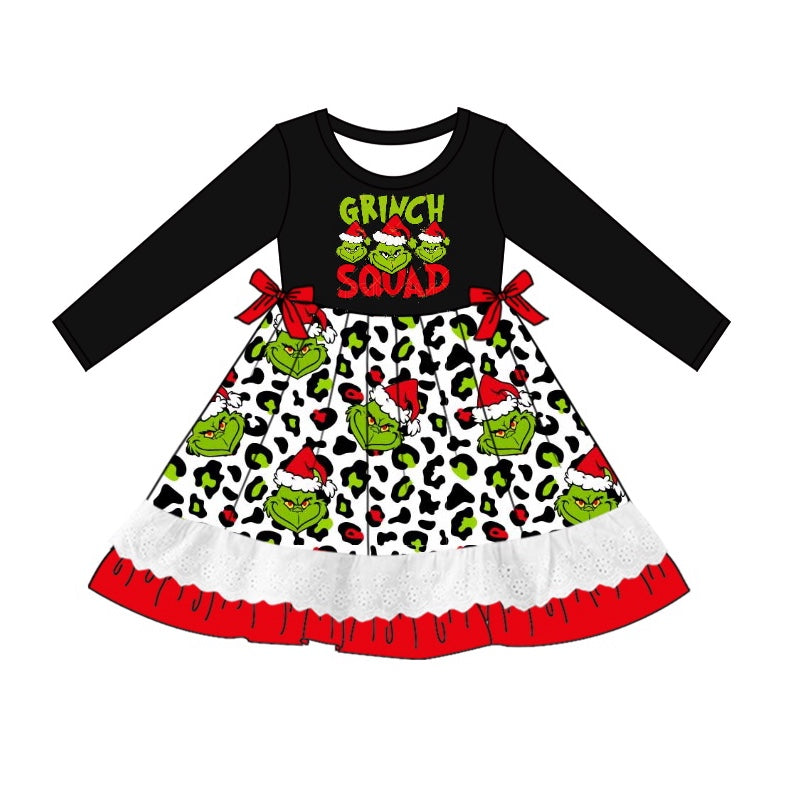 Green face squad leopard ruffle girls Christmas dress