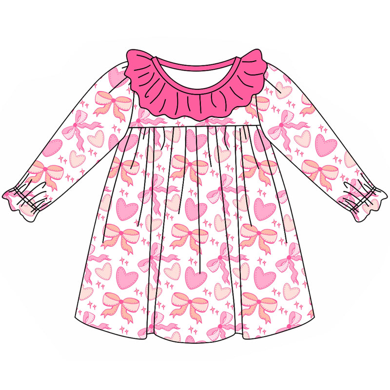 Long sleeves ruffle pink heart bow girls valentine's dress