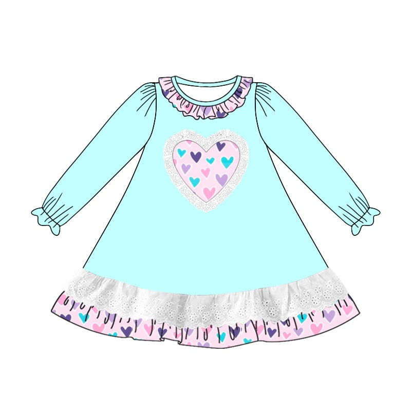 Light blue long sleeves heart ruffle girls valentine's dress