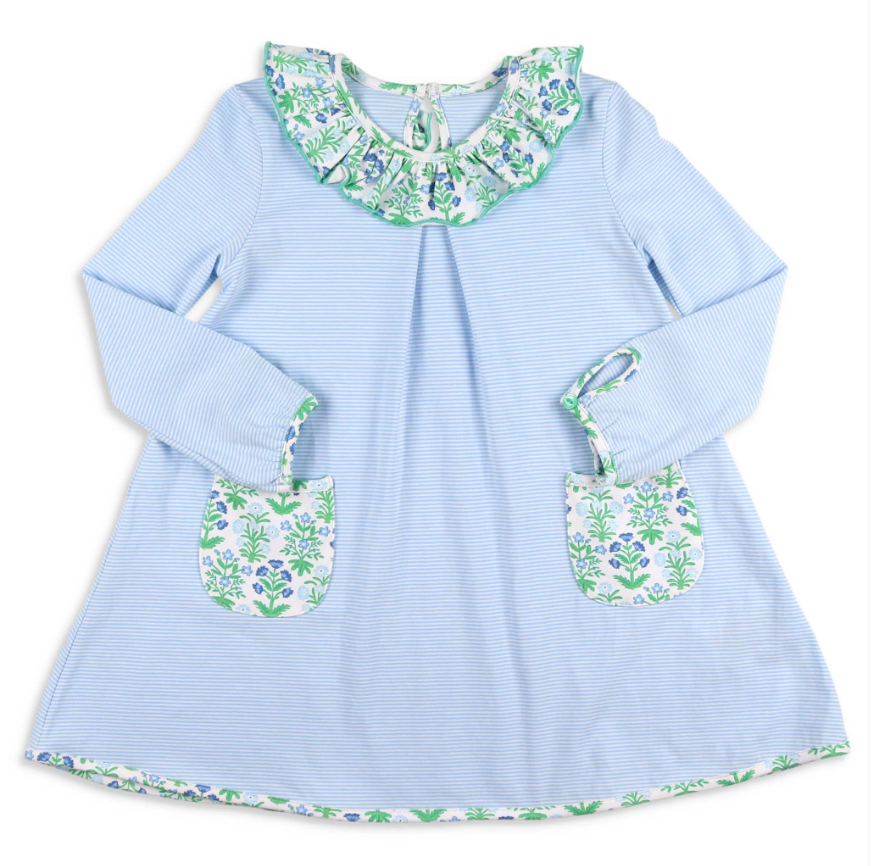 Light blue stripe floral pockets baby girls dresses