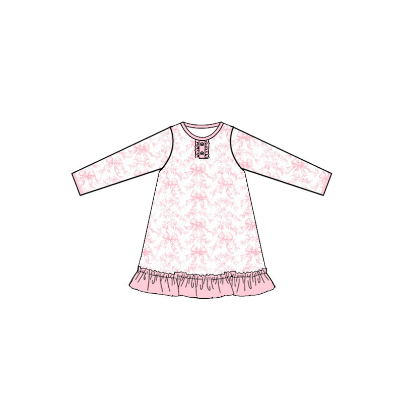 Long sleeves pink ruffle floral bow baby girls night dress