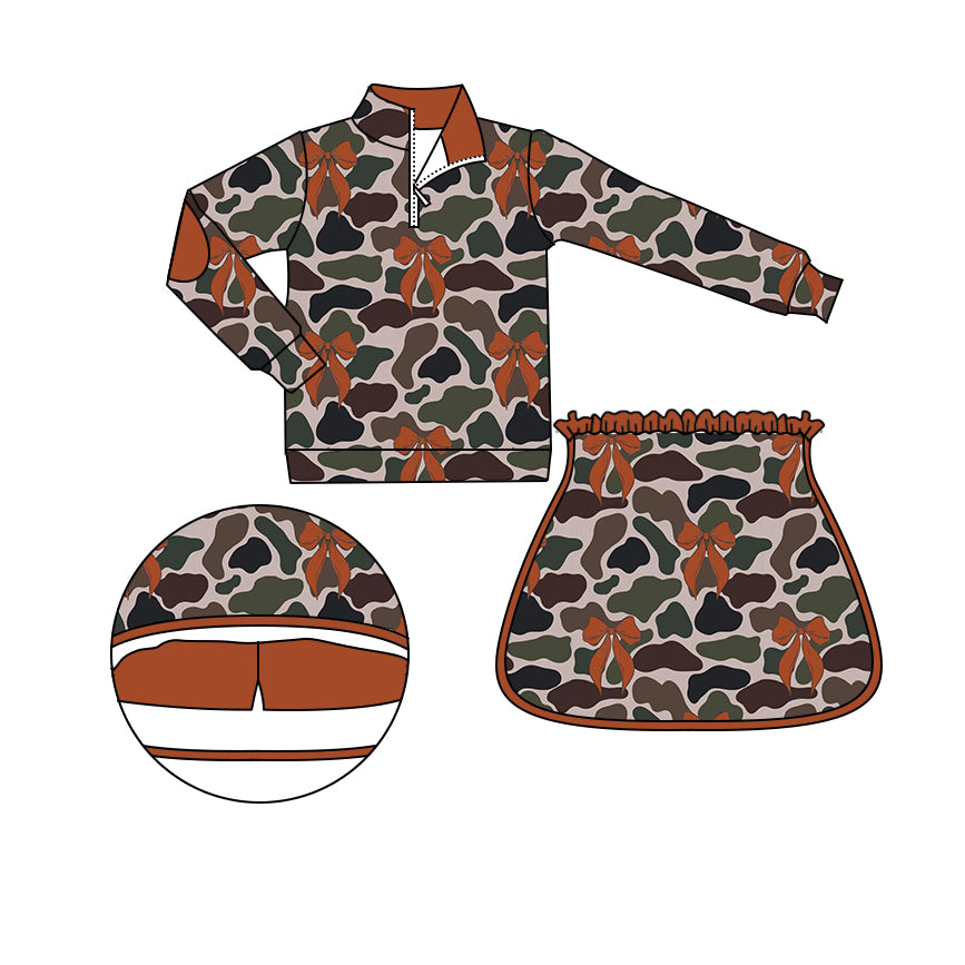 Long sleeves camo bow pullover skirt kids girls clothes