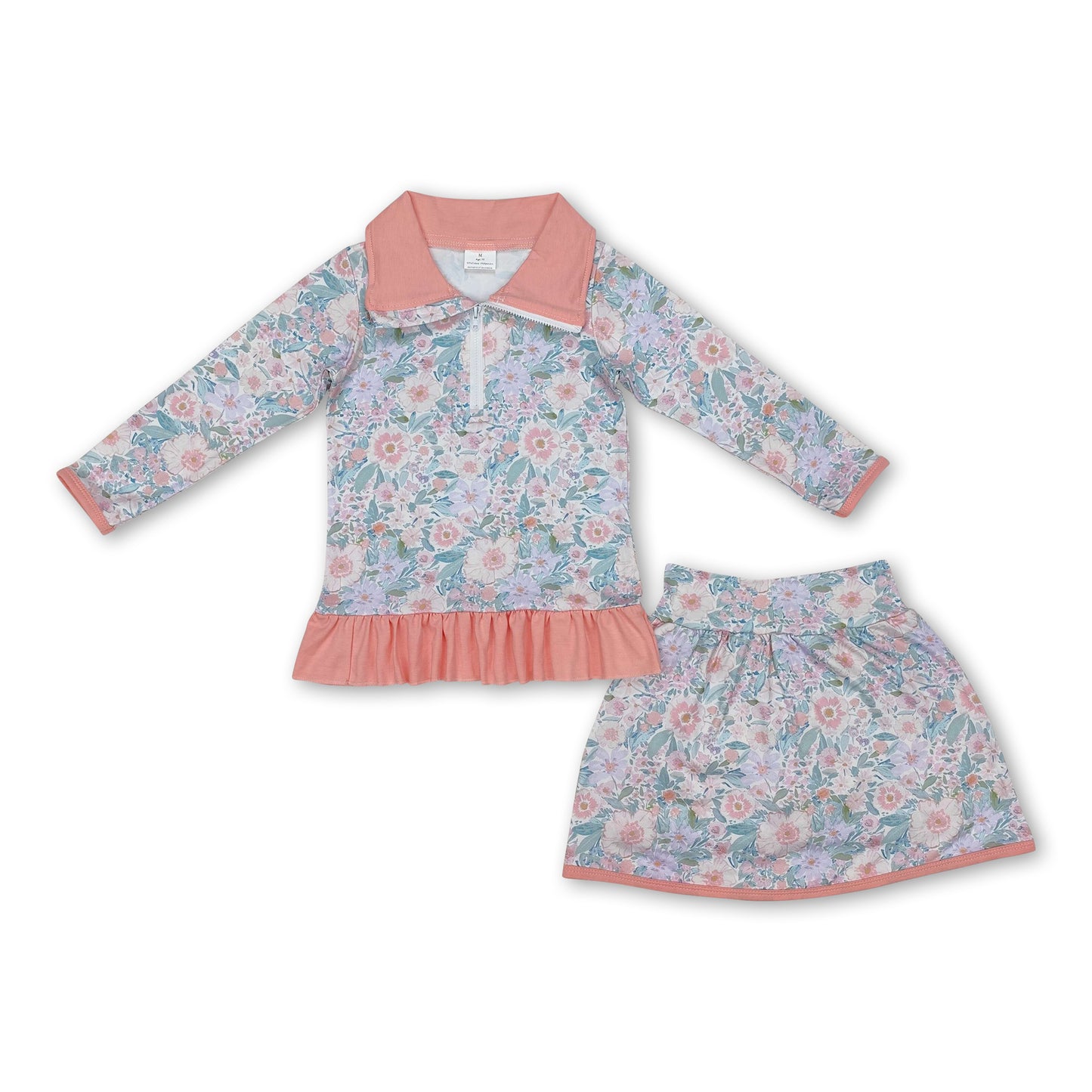 Peach ruffle floral pullover skirt kids girls clothing set