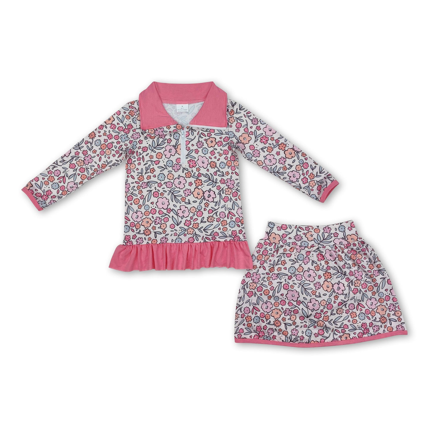 Pink ruffle floral pullover skirt kids girls clothing set
