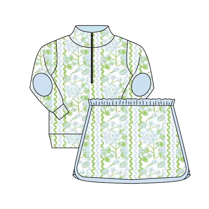 Long sleeves green floral pullover skirt girls clothes