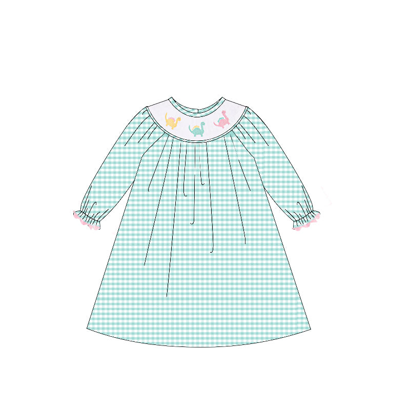 Green plaid long sleeves dinosaur kids girls dresses