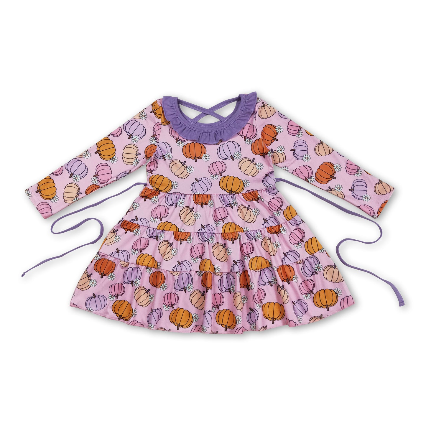 Long sleeves pumpkin floral patchwork girls fall dresses