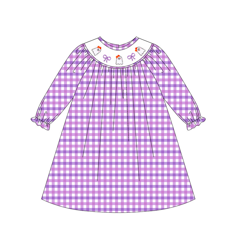 Purple plaid ghost bow smocked girls Halloween dress