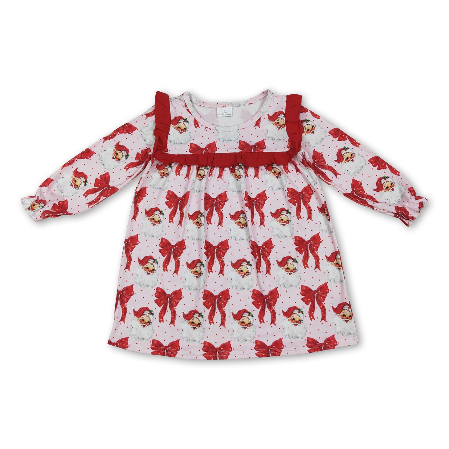 Long sleeves red bow santa girls Christmas dresses