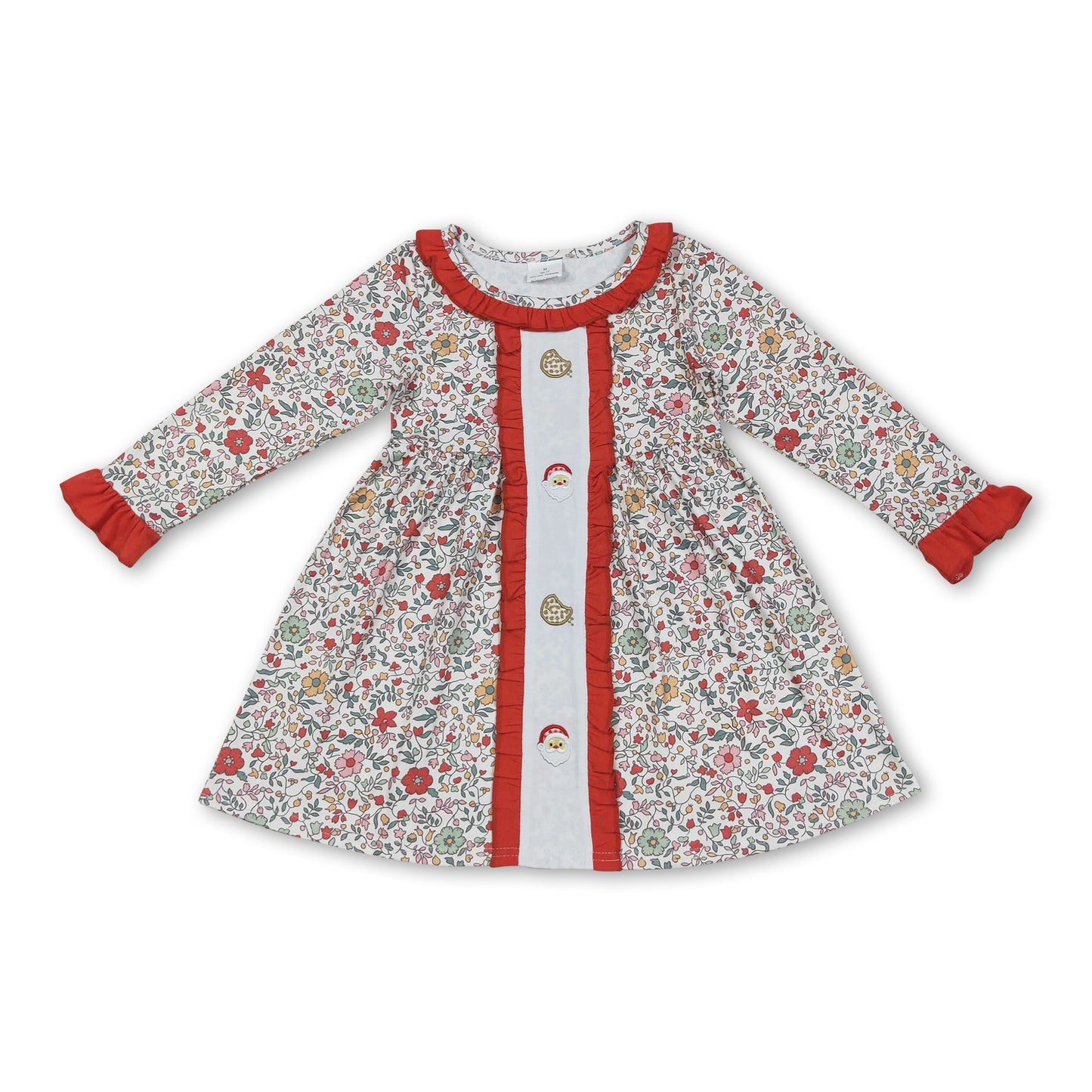 Long sleeves floral cookie santa girls Christmas dresses