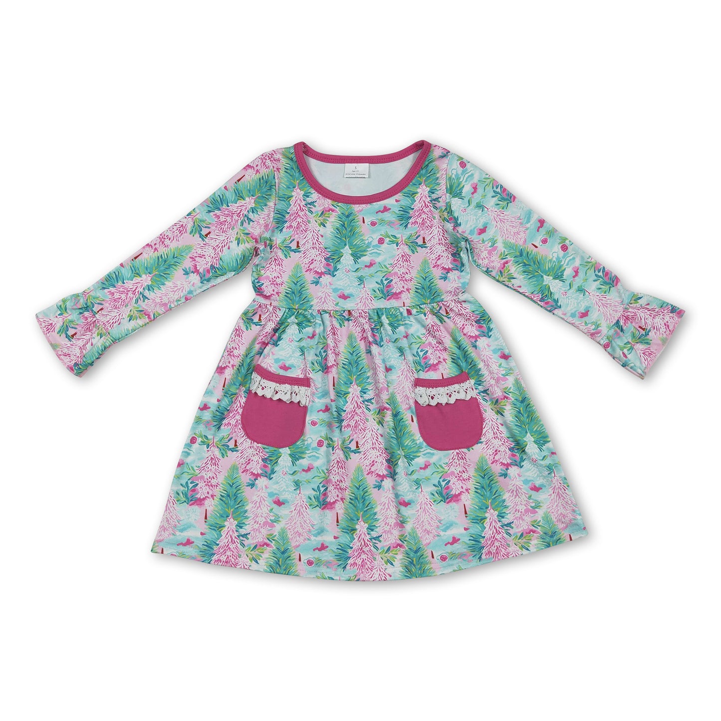 Long sleeves green pink Christmas tree girls dresses