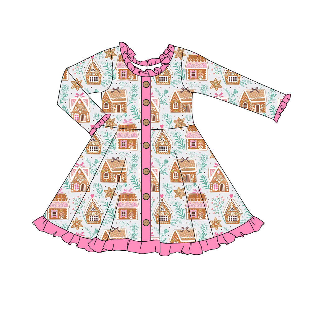 Pink ruffle long sleeves candy house kids girls Christmas dress