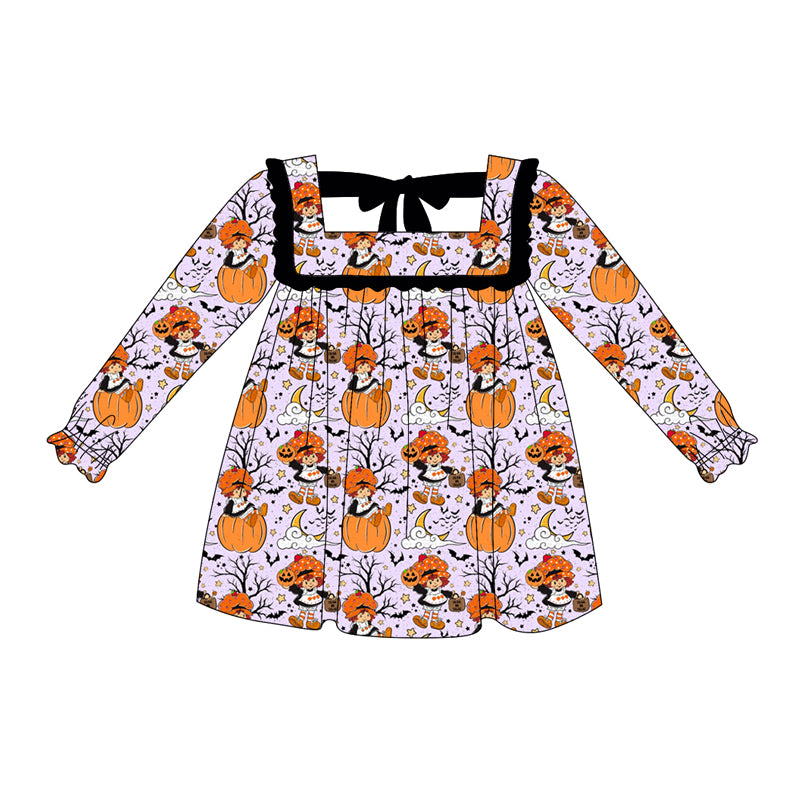 Long sleeves pumpkin bat kids girls Halloween dresses