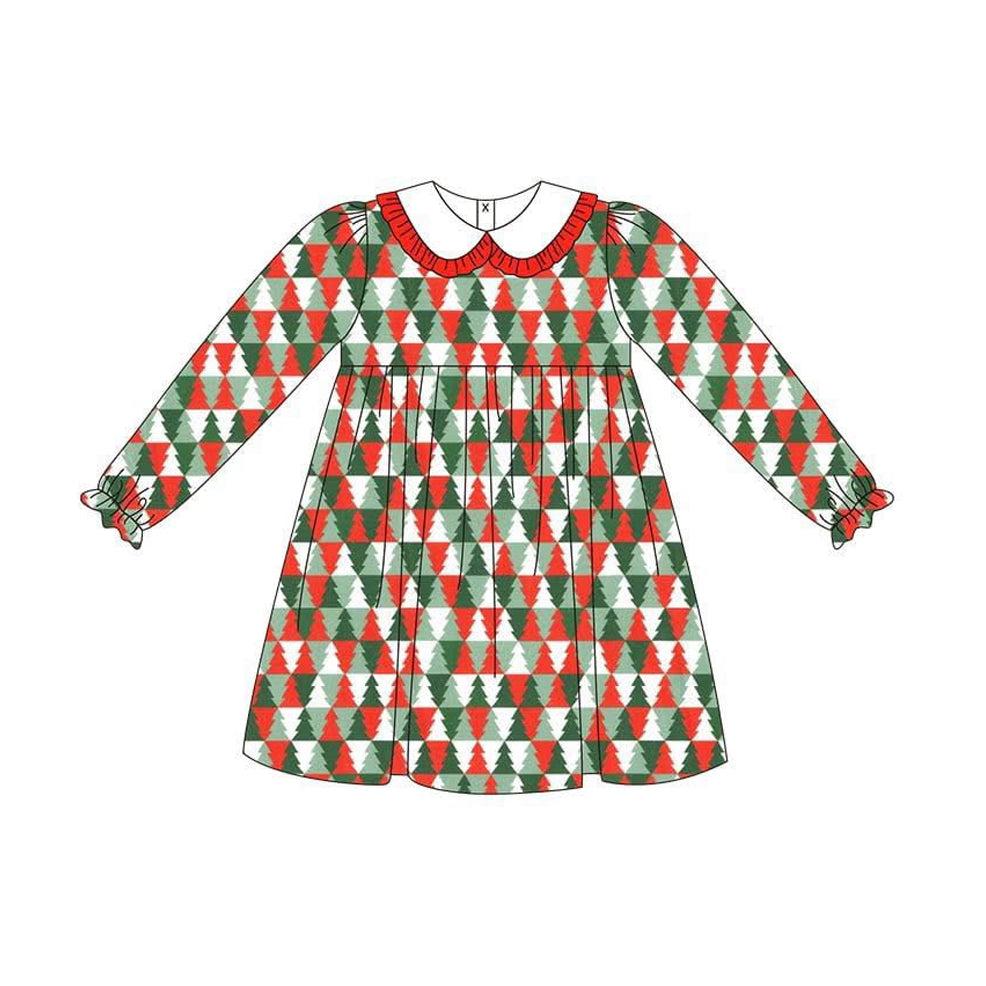 Long sleeves red green Christmas tree kids girls dresses