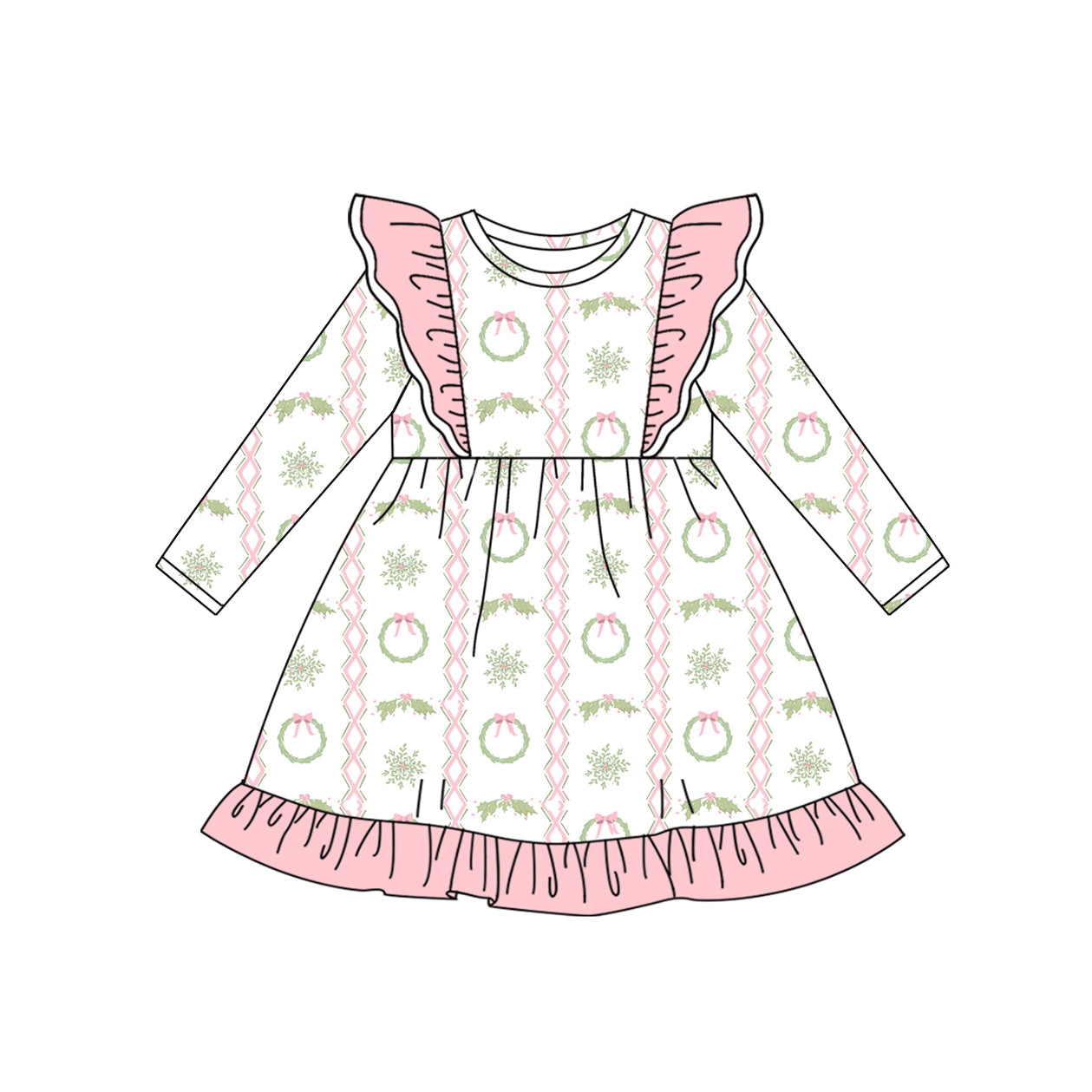Long sleeves pink bow ornaments girls Christmas dress