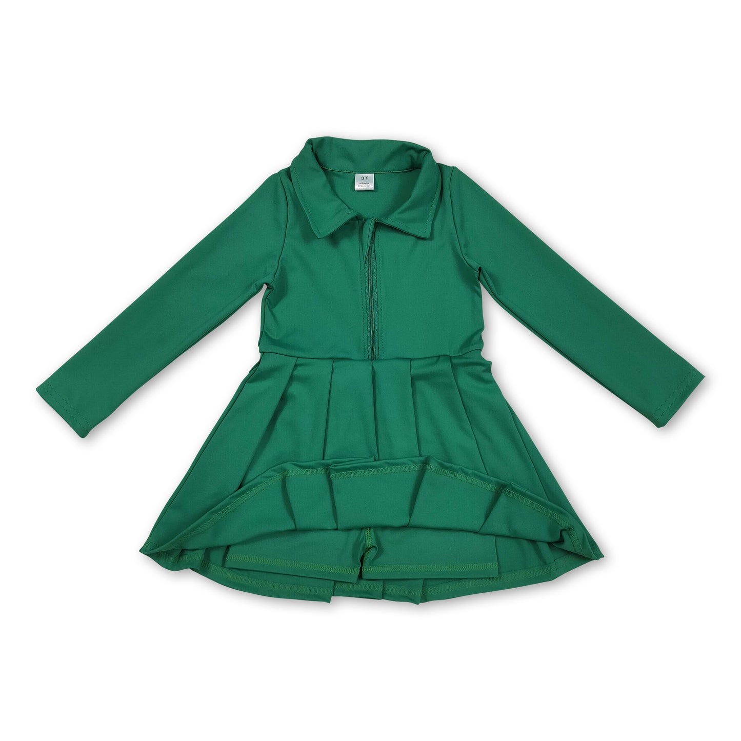 Long sleeves green zipper kids girls athletic polo dress
