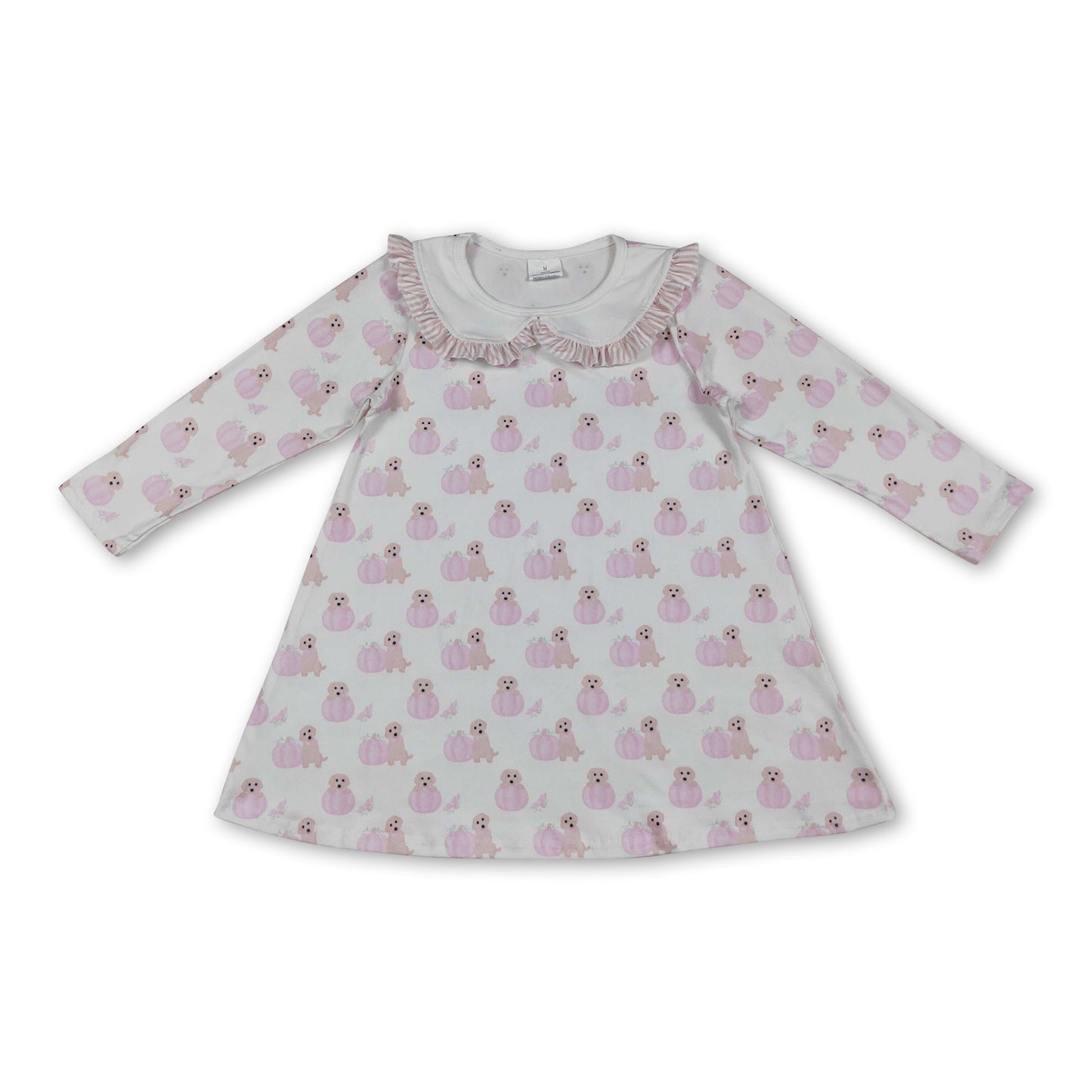Pink ruffle long sleeves dog pumpkin kids girls fall dress