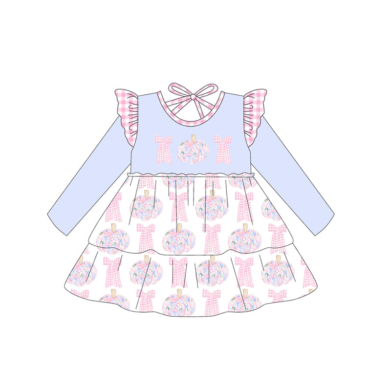 Long sleeves floral pumpkin bow toddler girls dresses