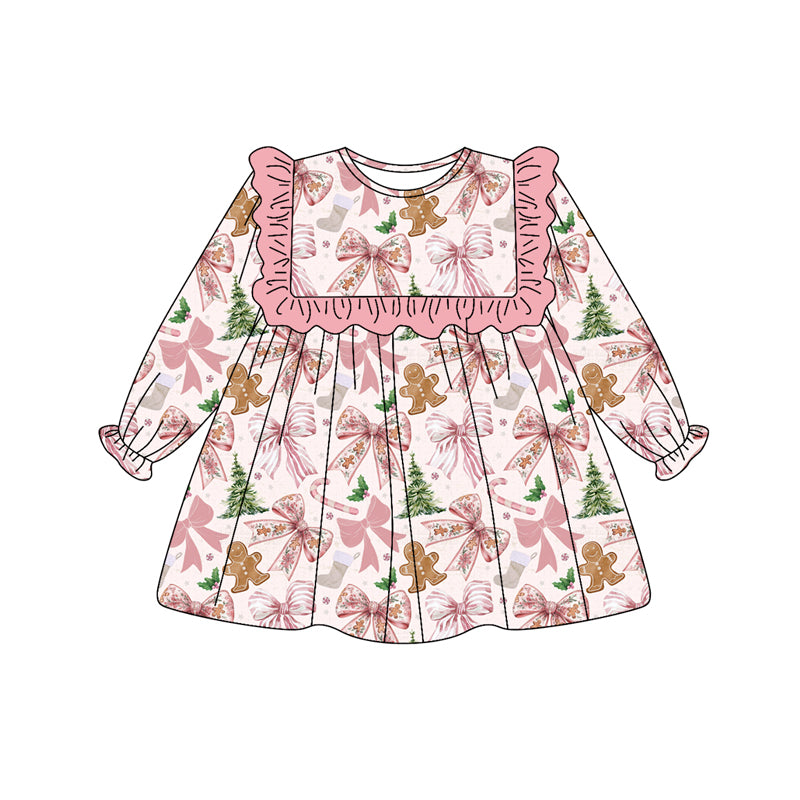 Long sleeves pink ruffle bows gingerbread girls Christmas dress