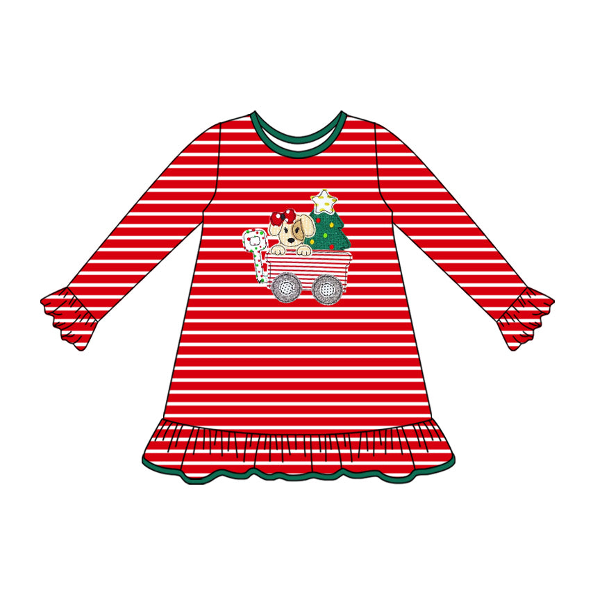 Red stripe dog Christmas tree ruffle girls dresses