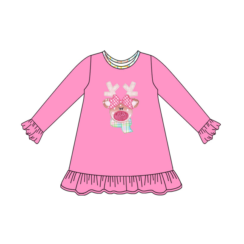 Long sleeves pink bow deer baby girls Christmas dress