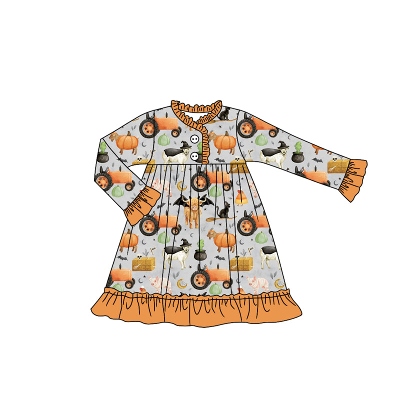 Long sleeves cows pumpkin bat farm girls Halloween night dress