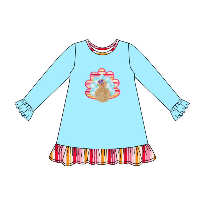 Light blue long sleeves turkey ruffle girls Thanksgiving dress