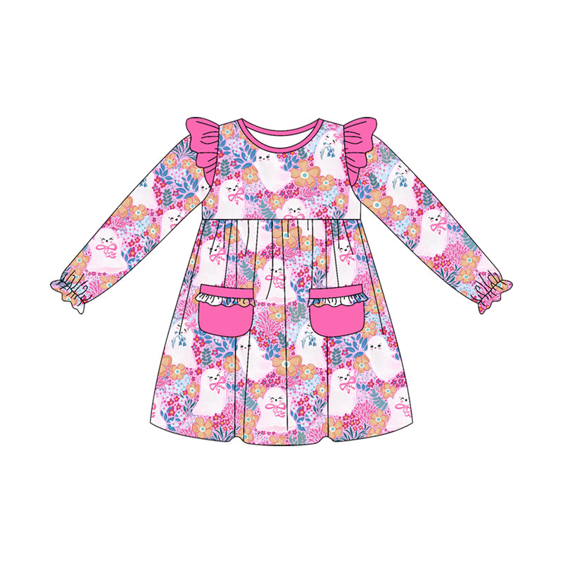 Long sleeves pink bow ghost floral girls Halloween dress