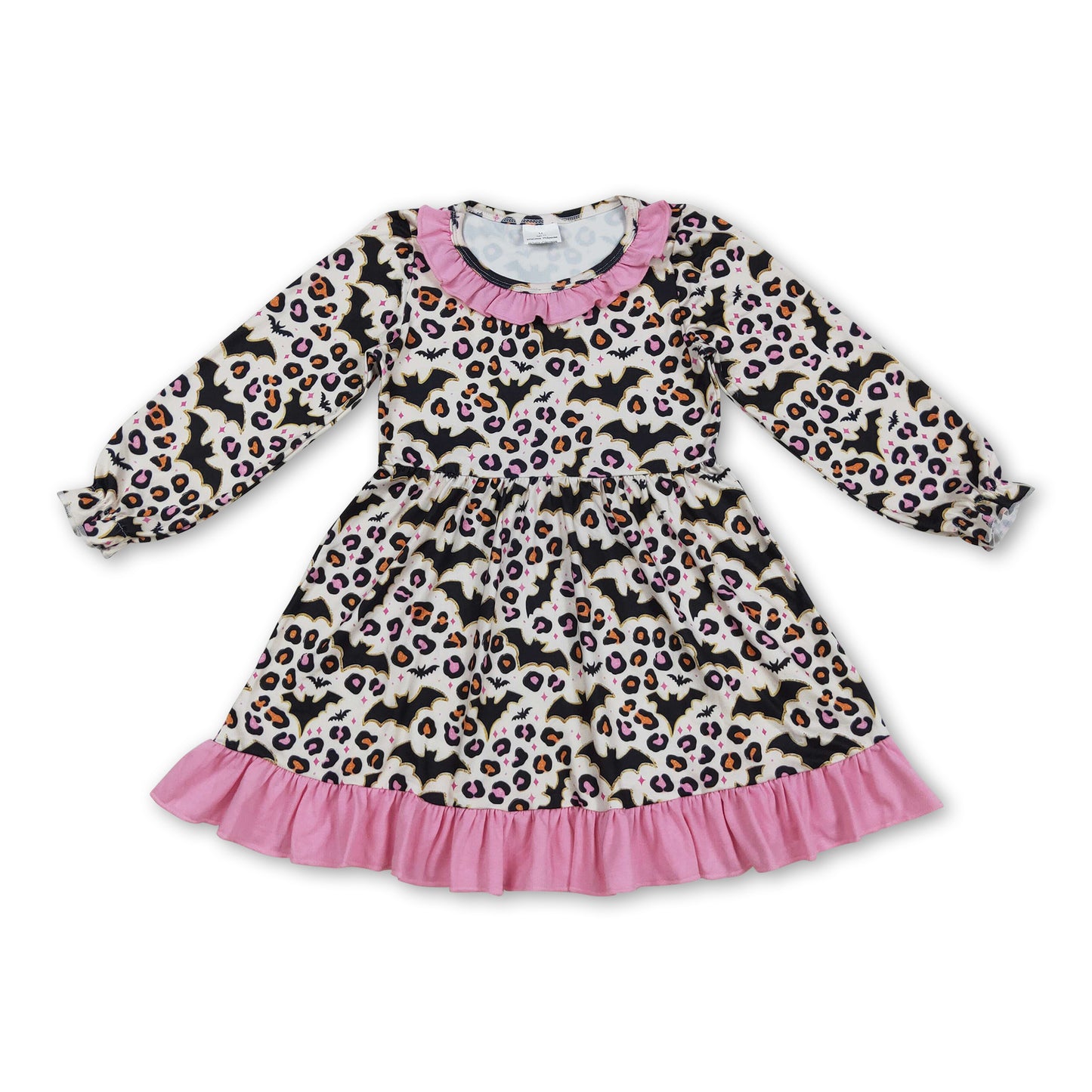 Long sleeves leopard bat ruffle kids girls Halloween dresses