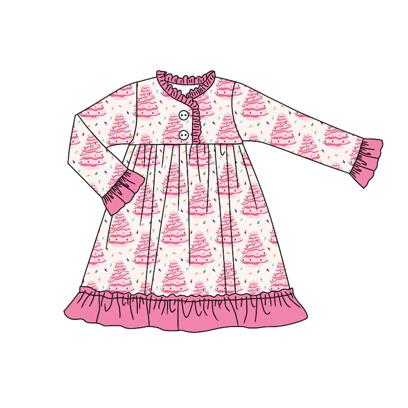 Long sleeves pink Christmas tree cake girls night dresses