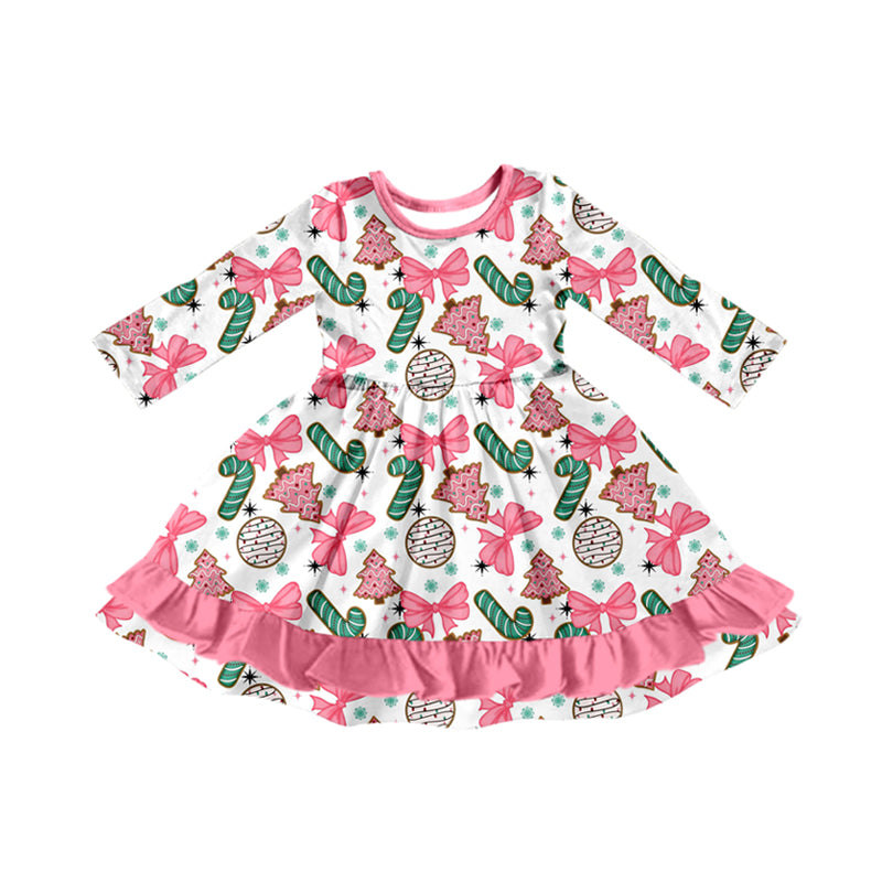 Pink bow Christmas tree ruffle kids girls dresses