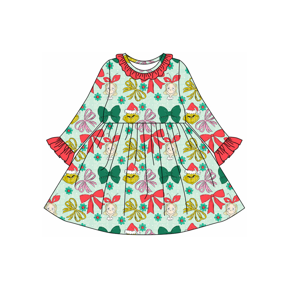 Long sleeves green face bow girls Christmas dresses