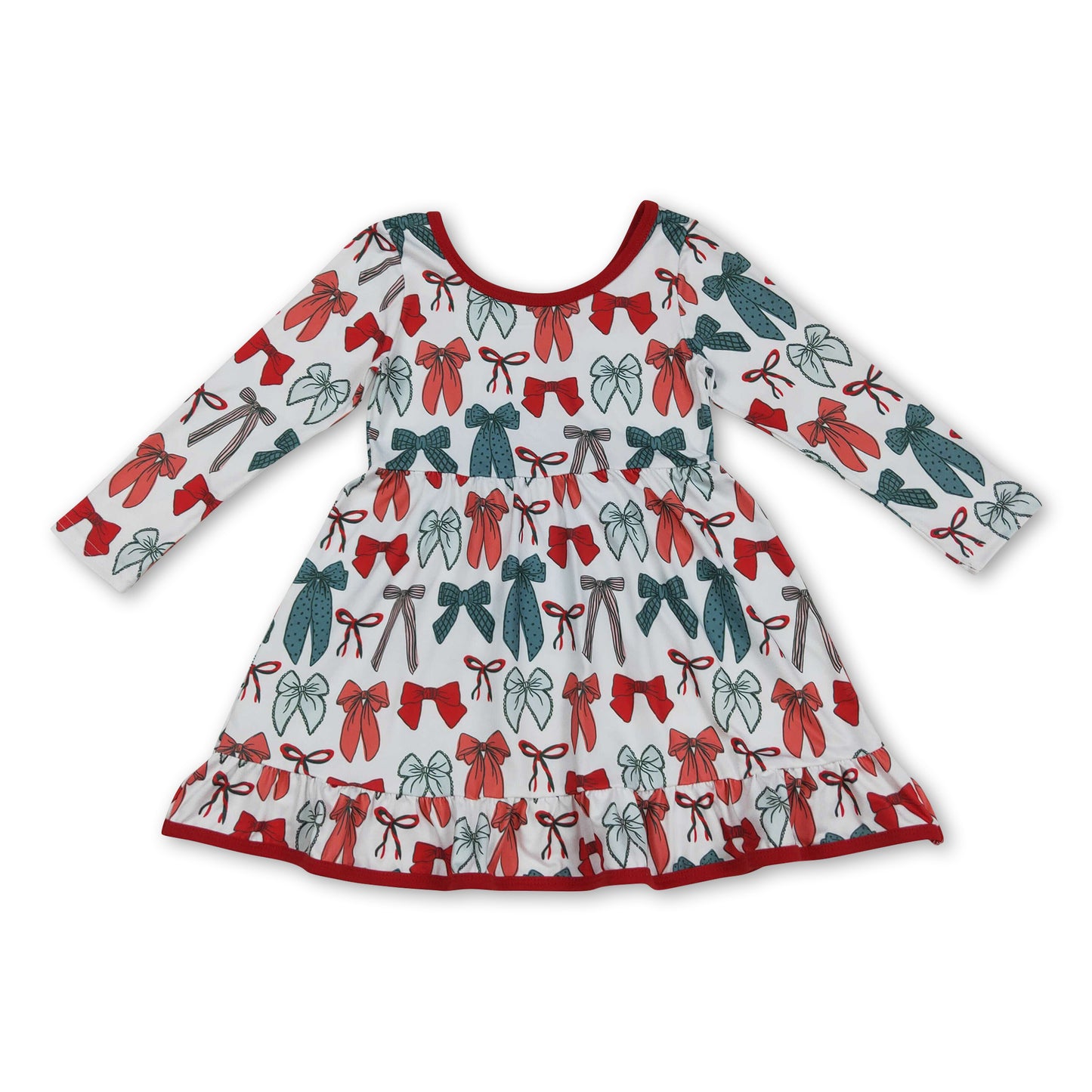 Long sleeves red green bow ruffle girls Christmas dresses