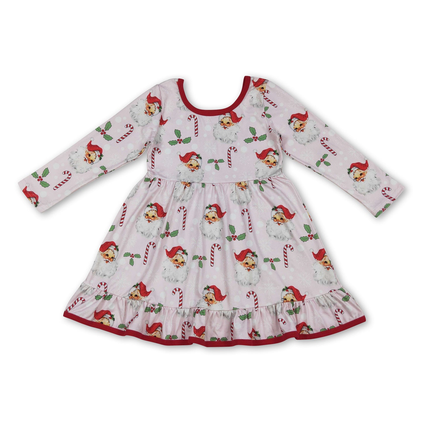 Long sleeves santa candy cane ruffle girls Christmas dresses
