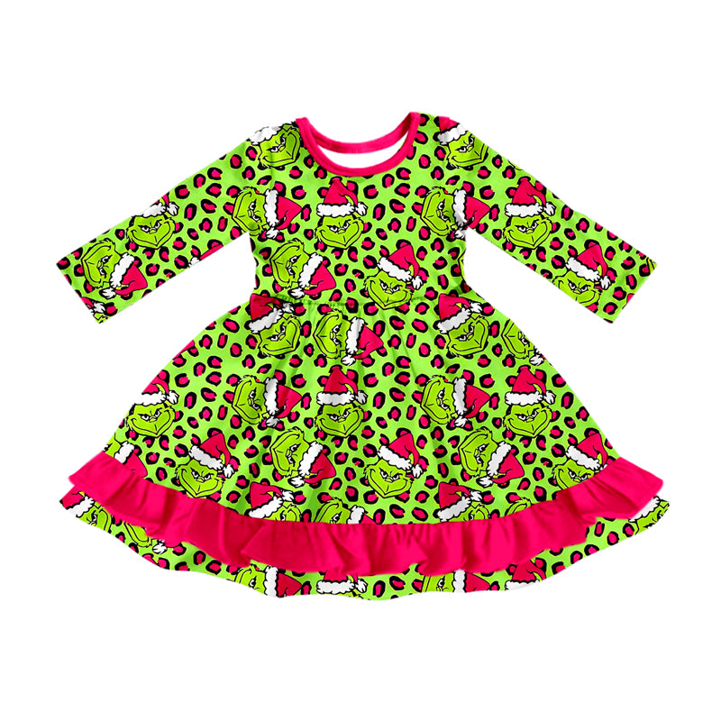 Long sleeves leopard green face ruffle girls Christmas dress