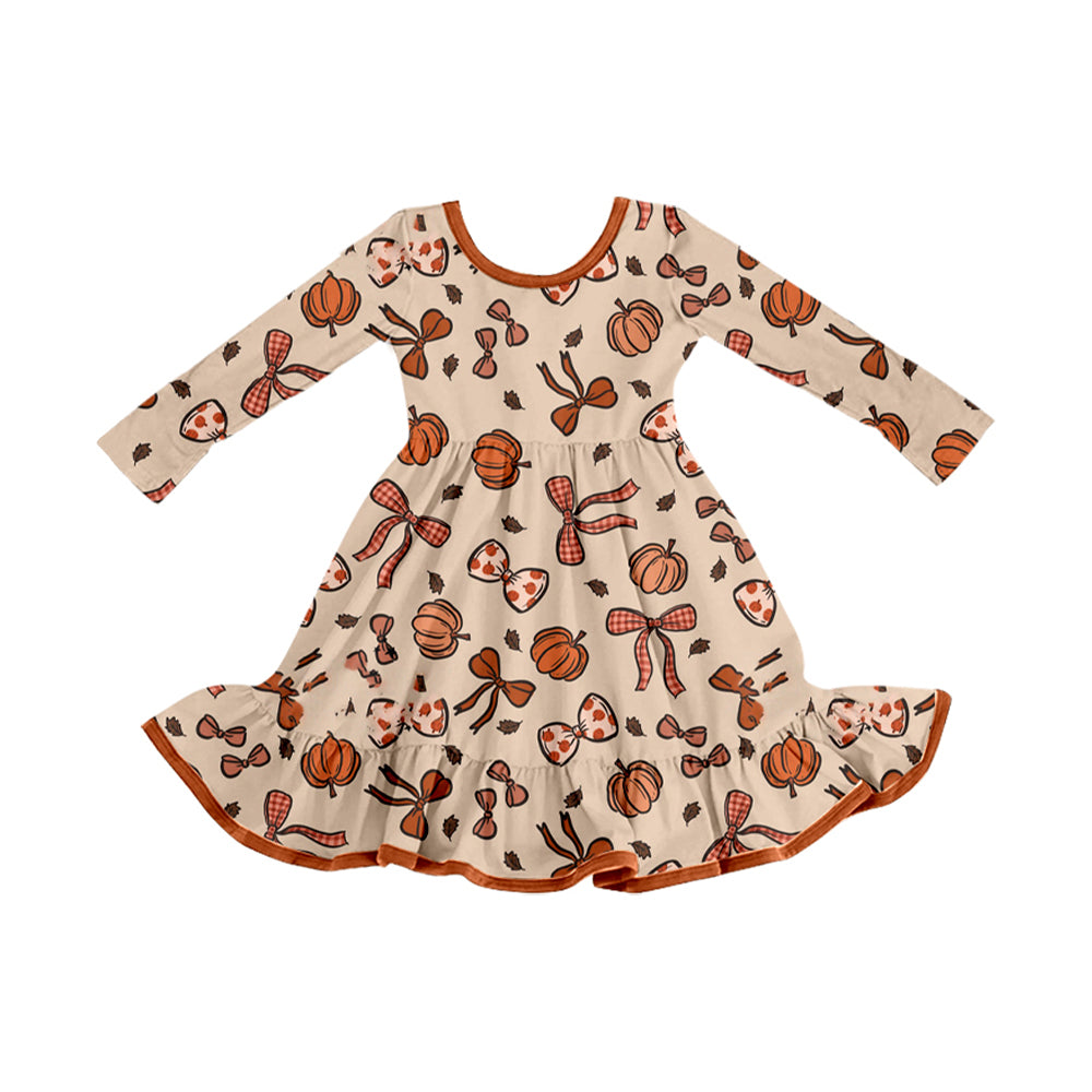 Long sleeves pumpkin bow ruffle girls fall dress