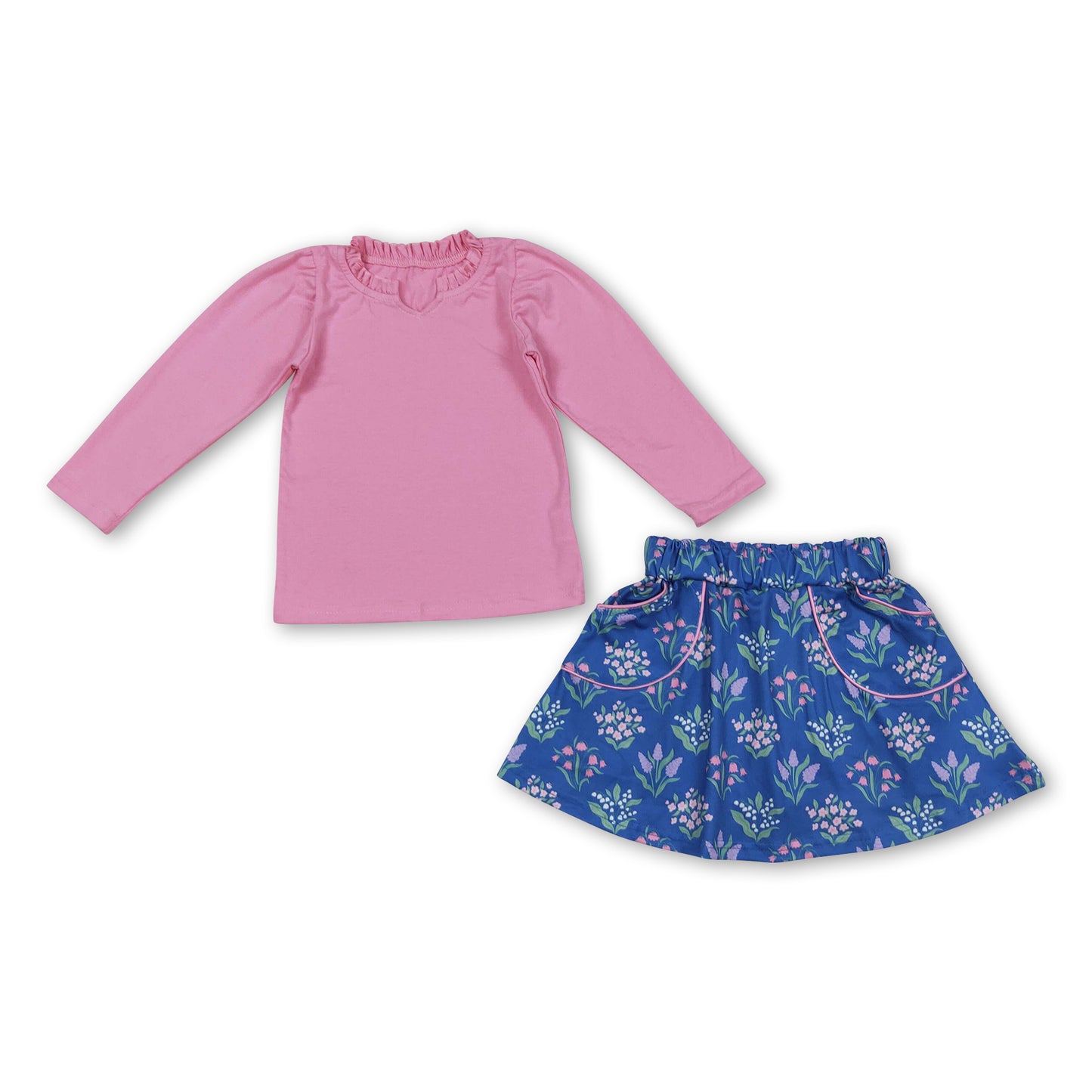 Pink long sleeves top floral pockets skirt girls clothes
