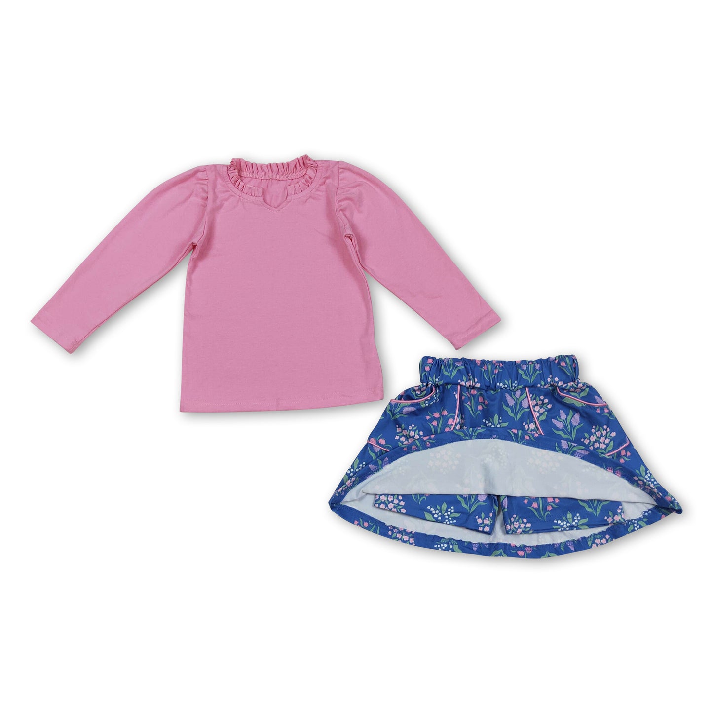 Pink long sleeves top floral pockets skirt girls clothes