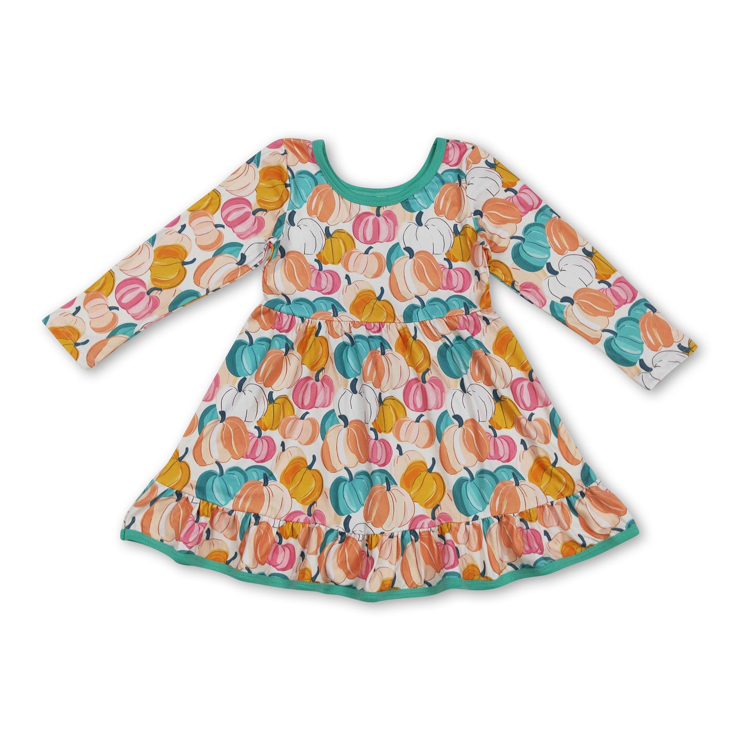 Long sleeves colorful pumpkin ruffle girls fall dresses