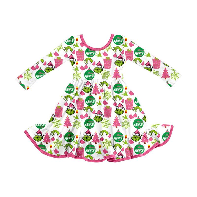 Long sleeves gift green face ruffle girls Christmas dress