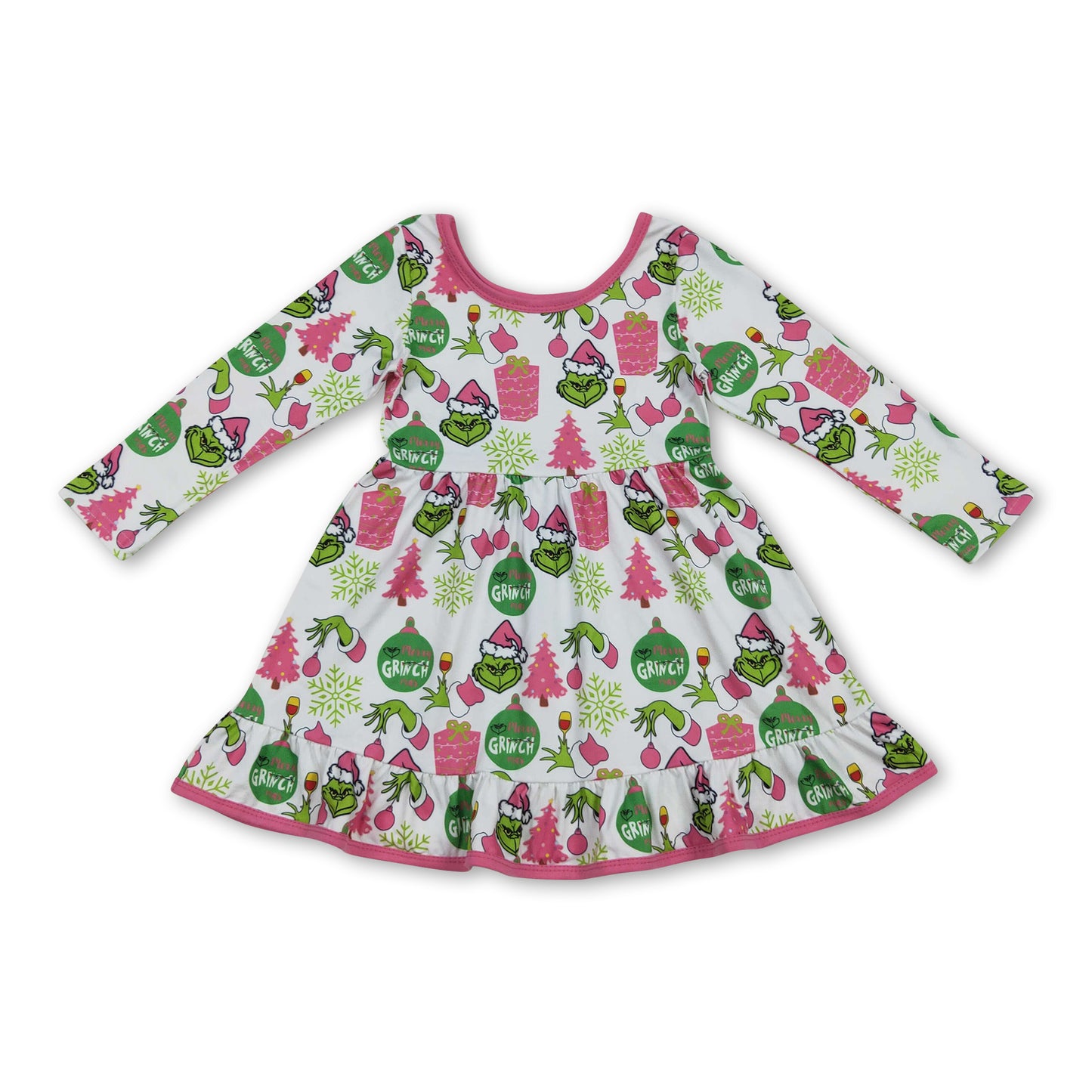 Long sleeves gift green face ruffle girls Christmas dress