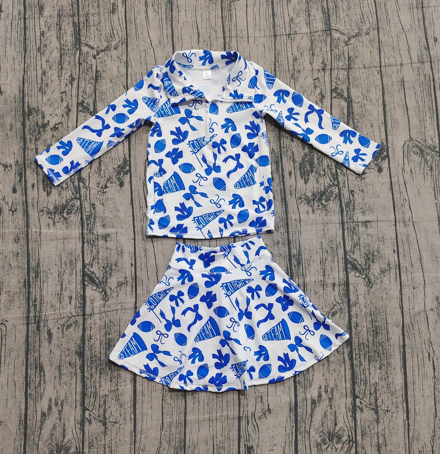 Blue bow football top skirt kids girls team activewear set