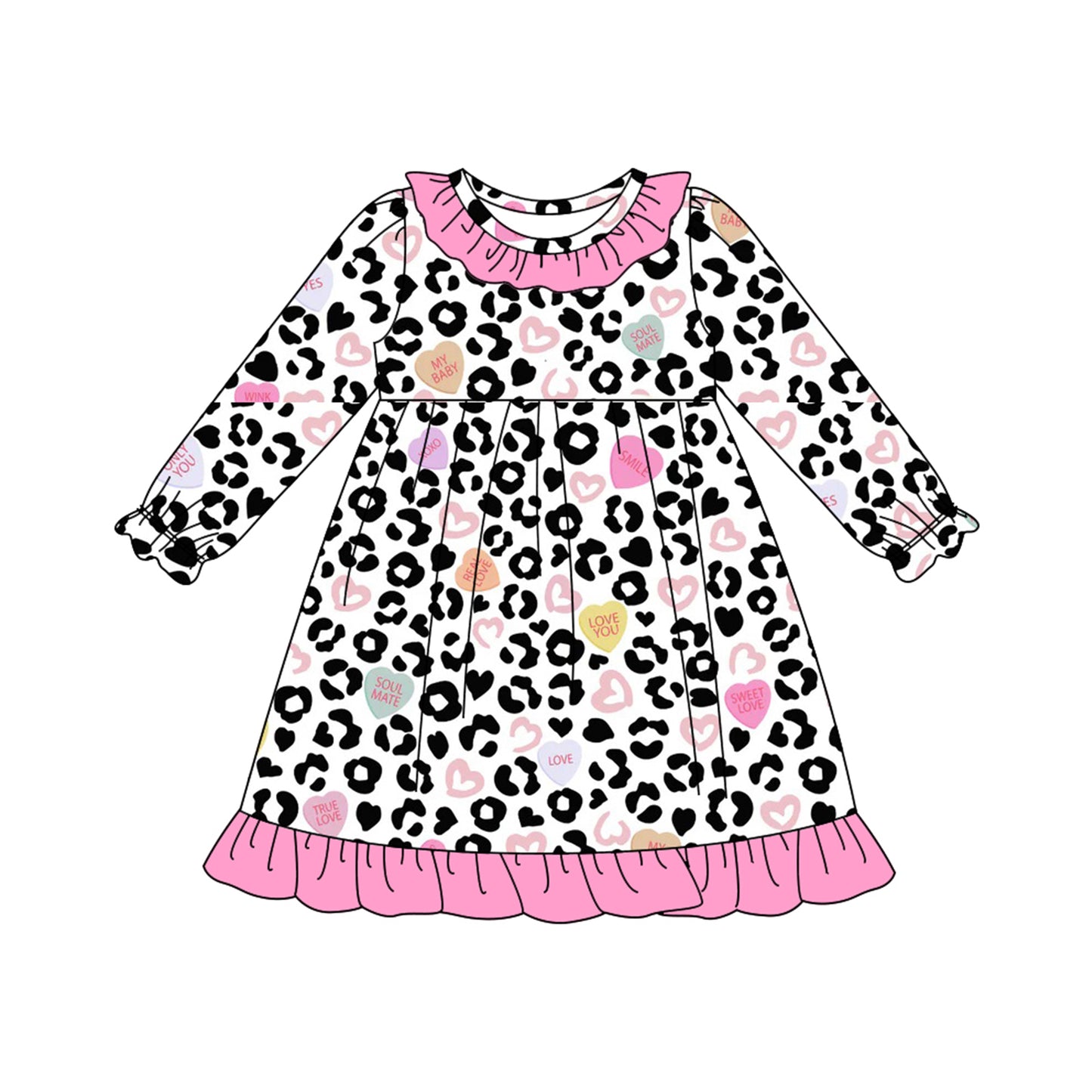 Long sleeves leopard heart kids girls valentine's day dress