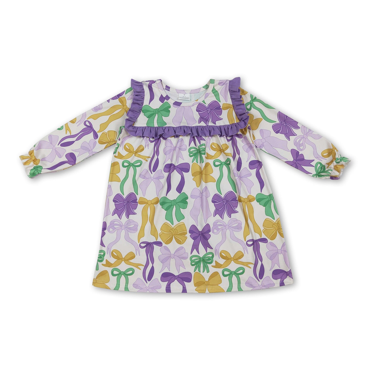 Purple green yellow bows ruffle girls Mardi Gras dresses