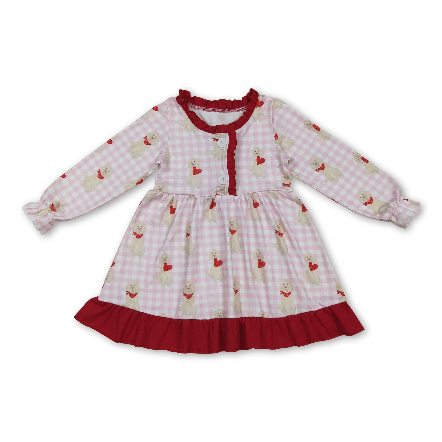 Pink plaid long sleeves heart dog girls valentine's night dress