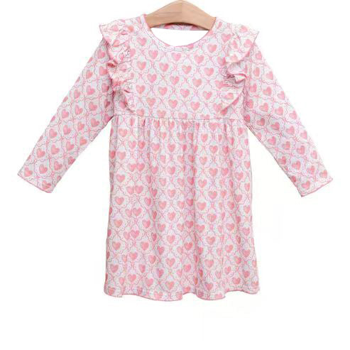 Long sleeves pink heart kids girls Valentine's day dresses