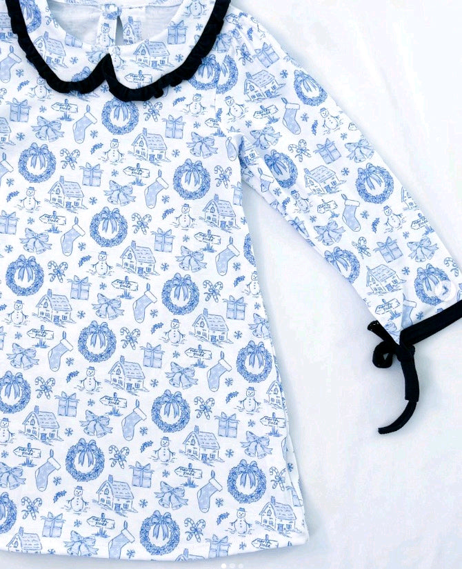 blue Christmas house kids girls long sleeve dresses